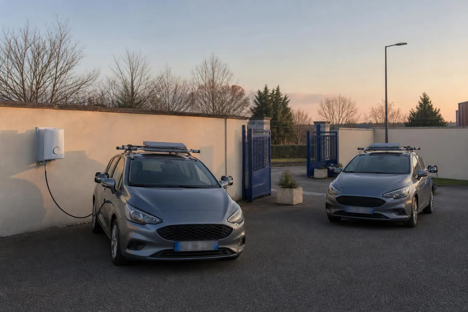 Deux voitures ecole garees dans la cour d'une agence en fin de journee, l'une branchee a une borne de recharge murale.