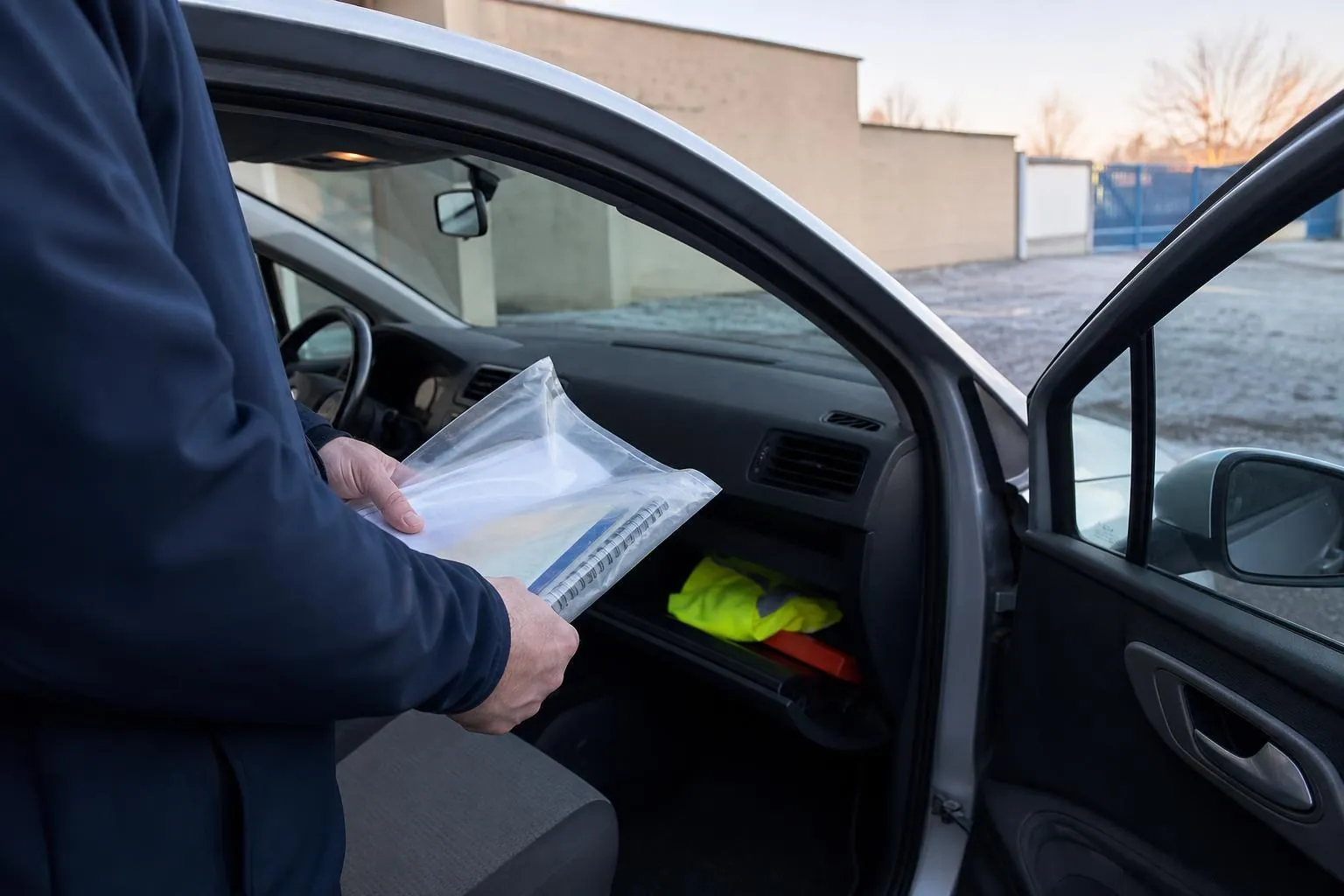Mains verifiant des documents de bord sortis de la boite a gants d'une voiture ecole, portiere ouverte au petit matin.