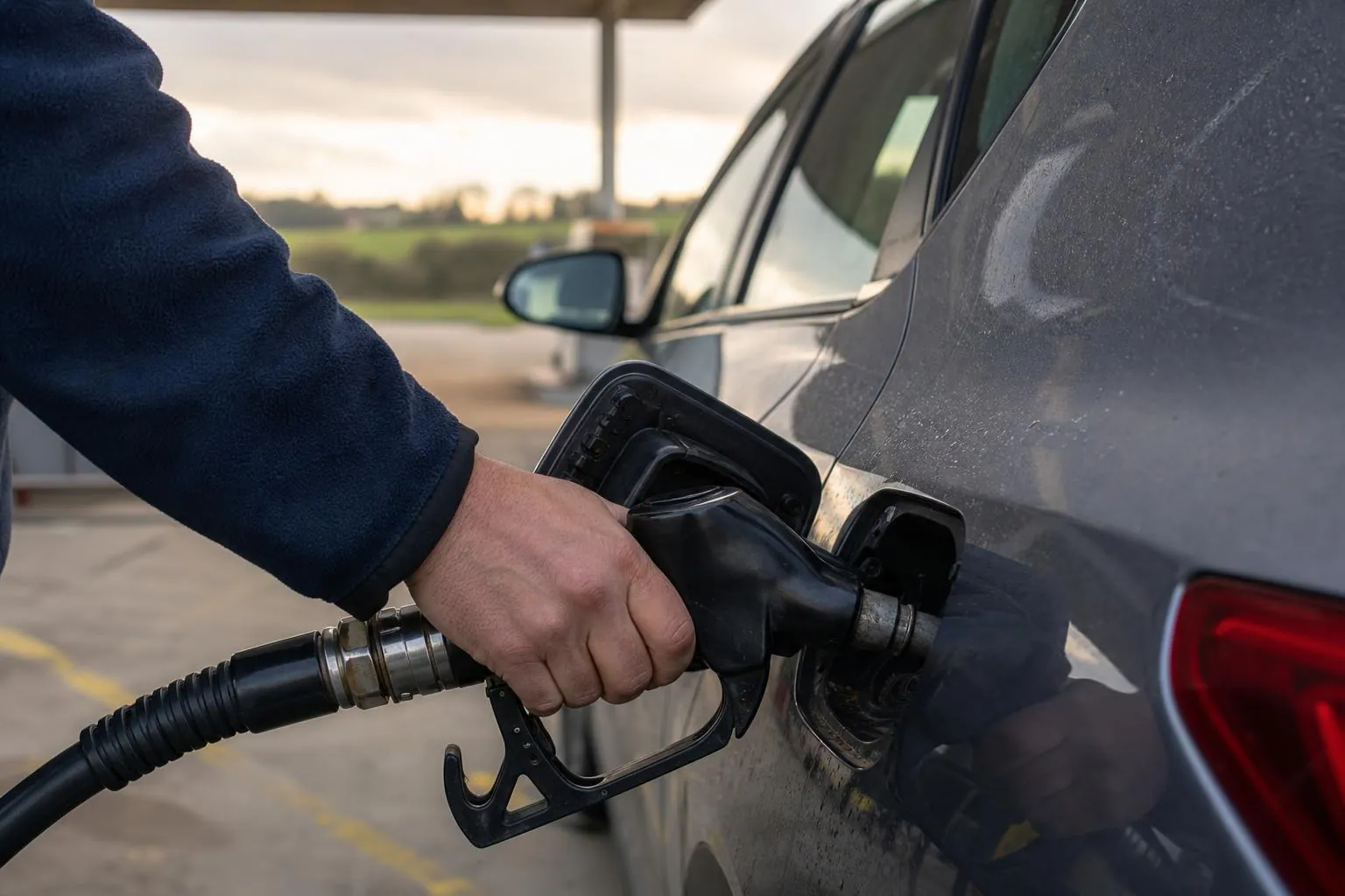 Pistolet de distribution en main pendant le plein d'une voiture ecole dans une station service de bourg, en fin de journee.