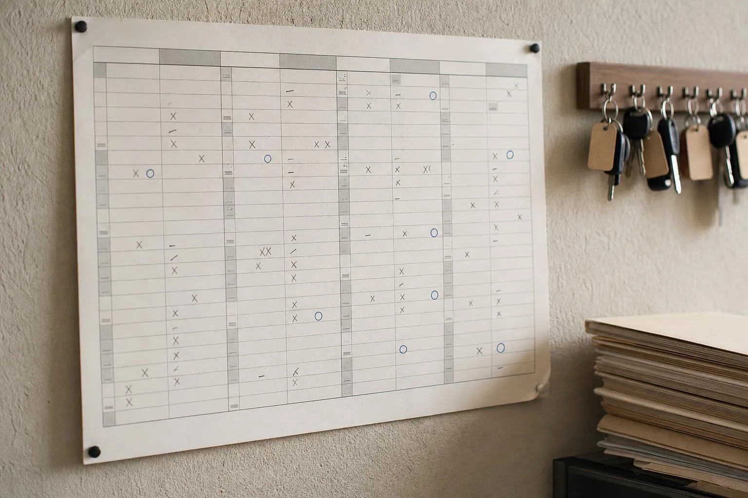 Calendrier mural annuel en papier punaise dans un bureau d'auto ecole, annote au crayon, avec un tableau de cles de vehicules a cote.