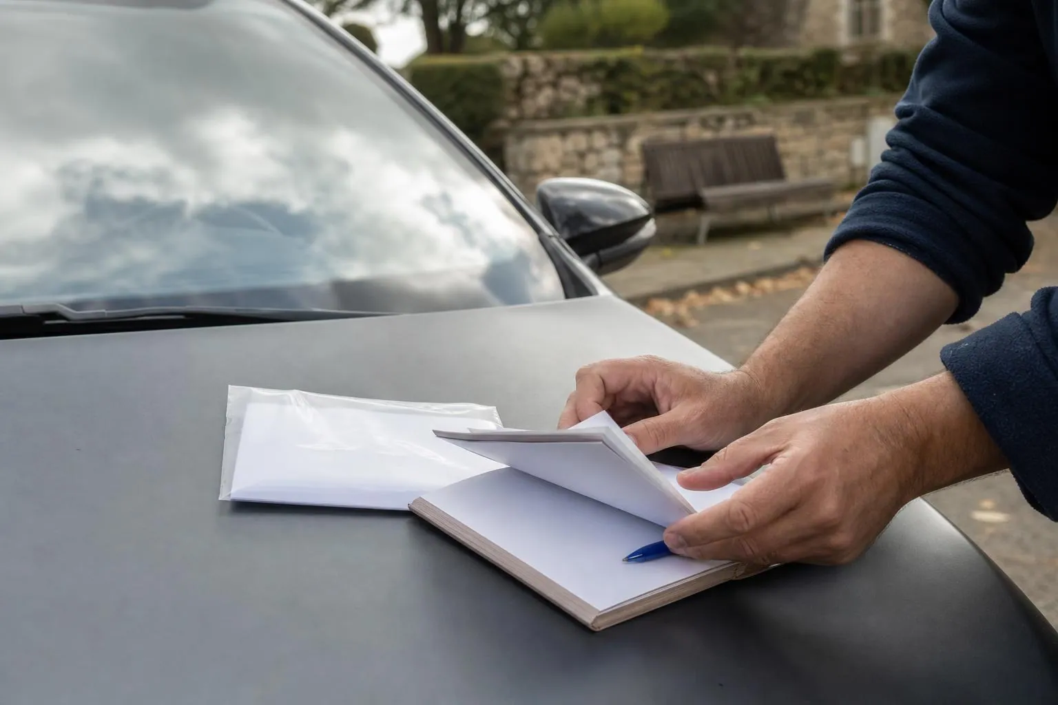 Mains d'un enseignant de la conduite feuilletant un livret d'apprentissage cartonne pose sur le capot d'une voiture ecole.