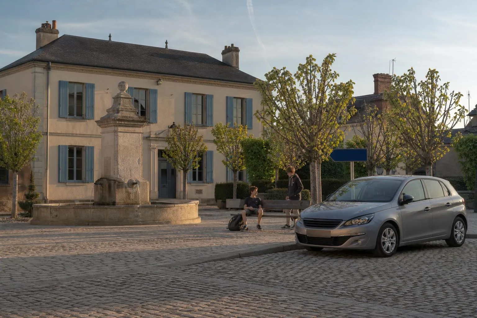 Voiture ecole garee sur une place de village pavee pres d'un abri de bus, deux eleves attendant a distance sur un banc.