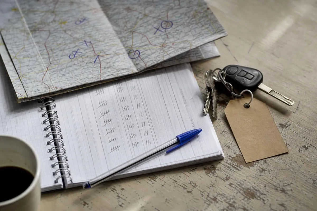 Gros plan d&rsquo;une carte routiere de canton annotee au feutre bleu posee sur un cahier de comptage d&rsquo;heures avec des cles de voiture